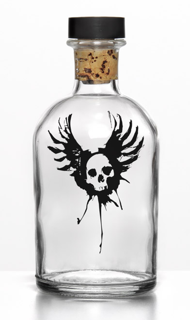 Impression fly-skull sur bouteille